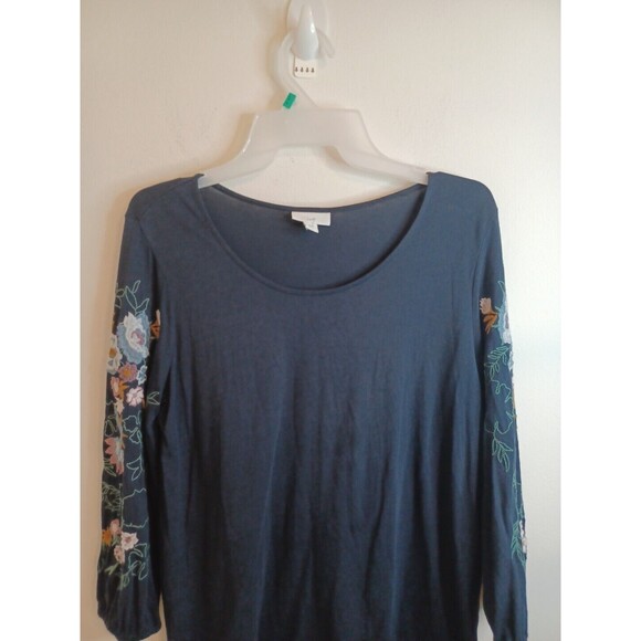 J. Jill Pullover Top Blouse SP Navy Blue Floral Embroidered Sleeves Boho Peasant - Picture 2 of 8